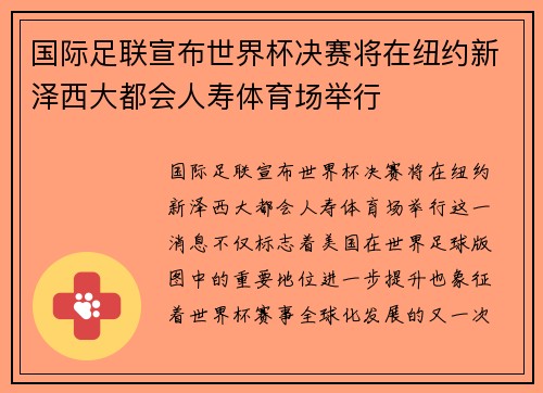 国际足联宣布世界杯决赛将在纽约新泽西大都会人寿体育场举行